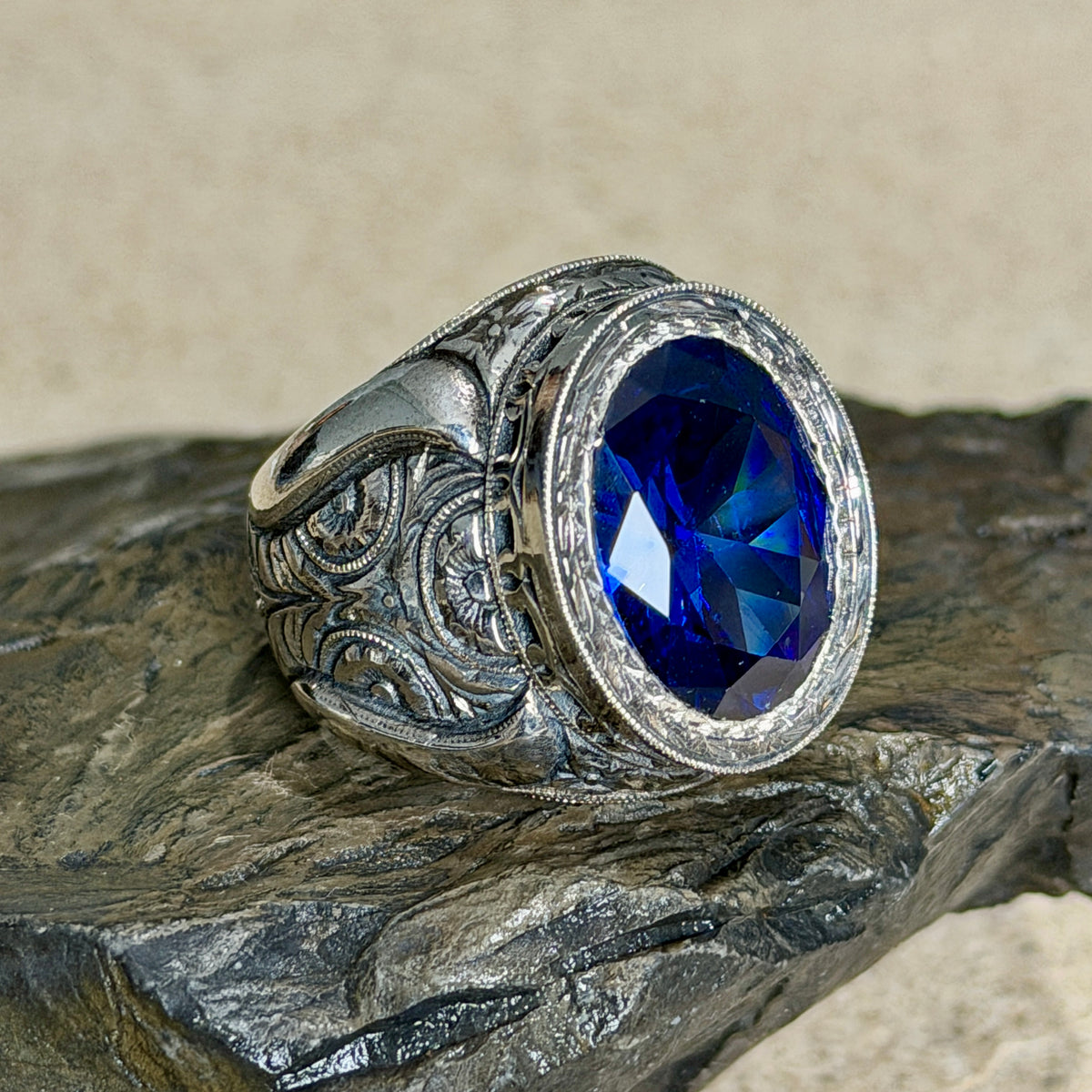 Men Handmade 925 Silver Blue Sapphire Gemstone Ring