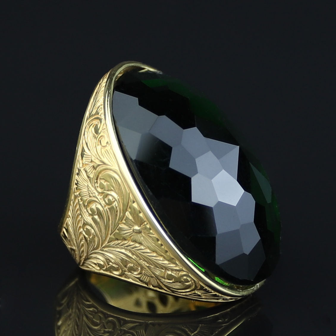 Gold Engraved Large Emerald Ring , Men Hand- Engraved Ring, Vintage Ottoman Ring, Men Green Stone Ring, 925k Sterling Silver Ring