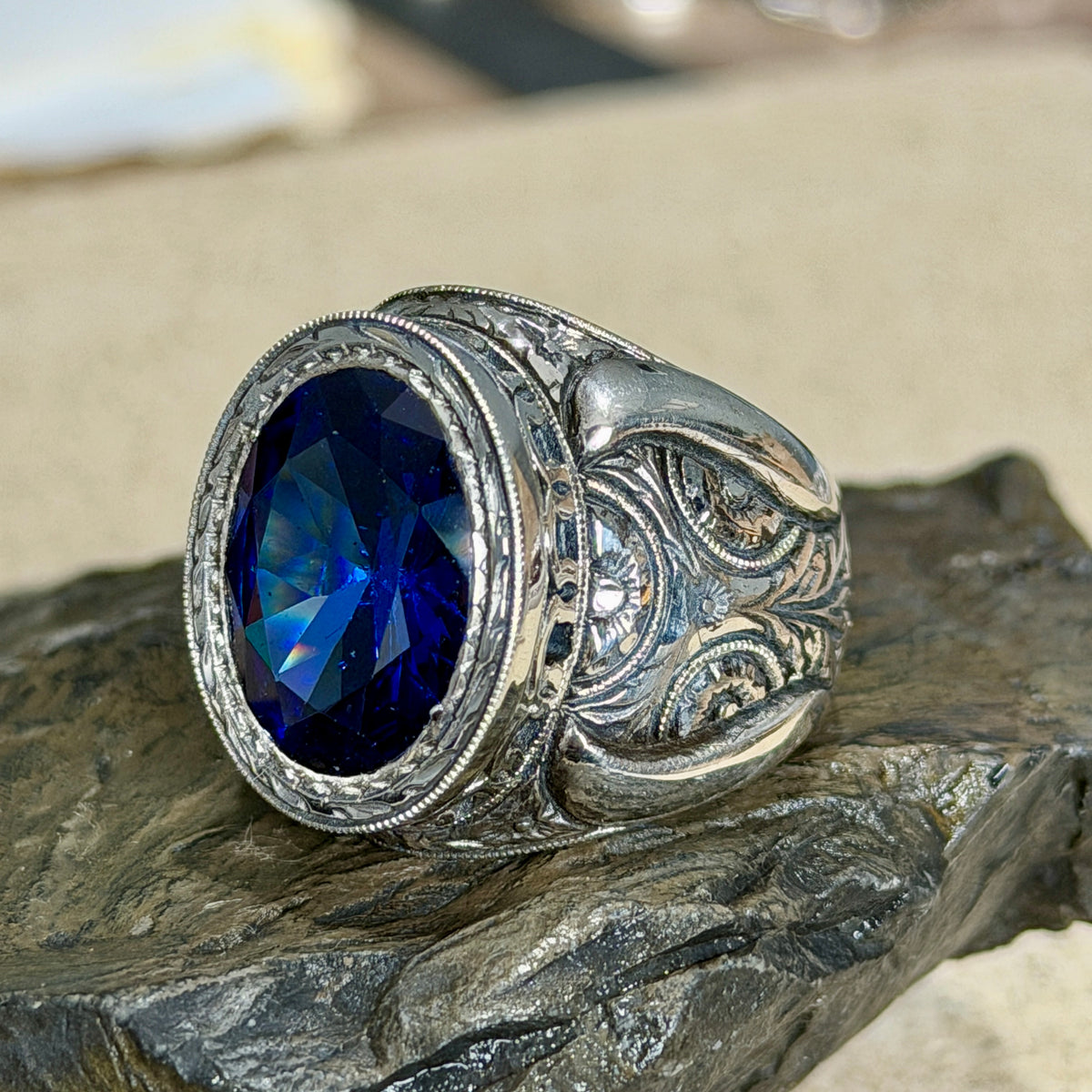 Men Handmade 925 Silver Blue Sapphire Gemstone Ring