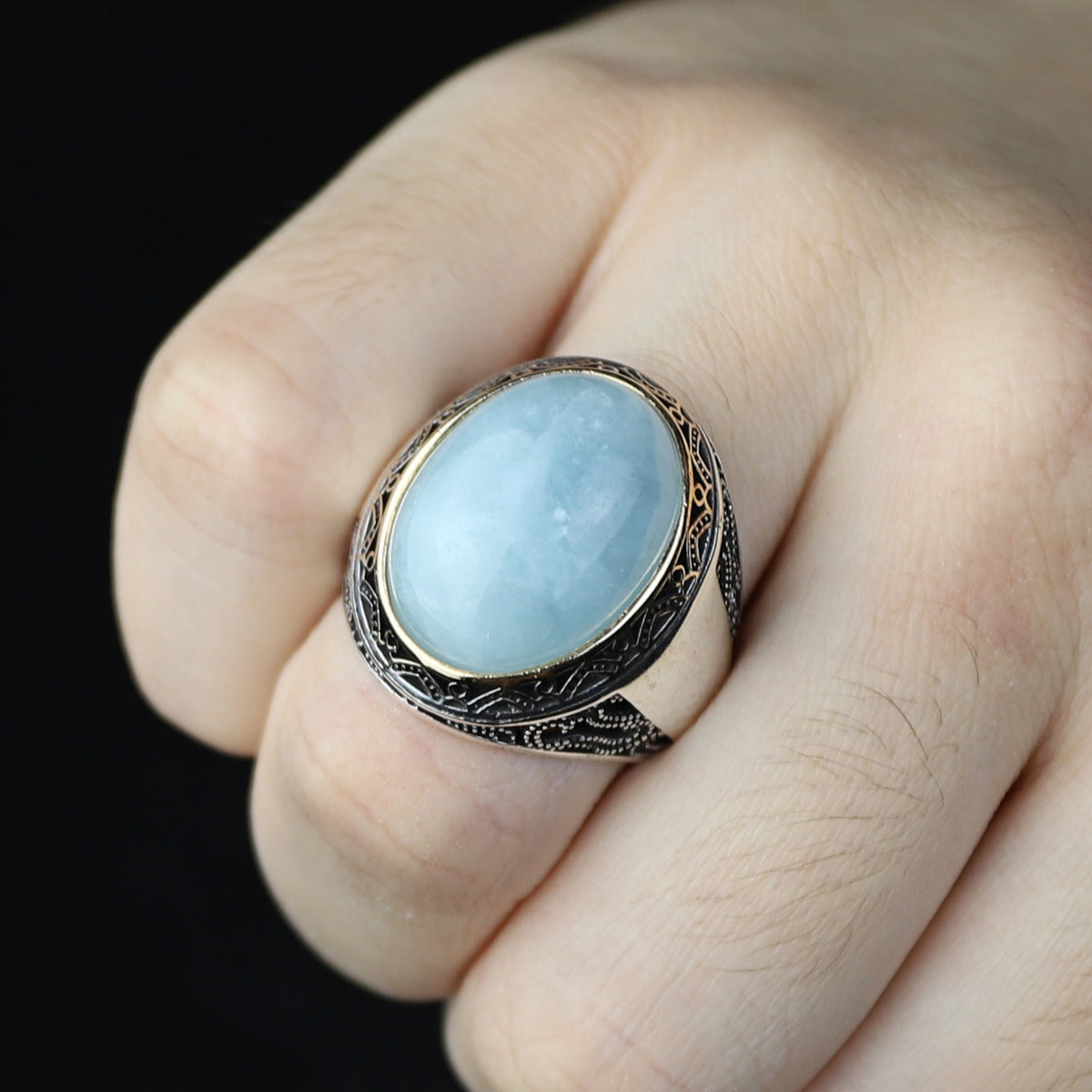 Men Handmade Natural Aquamarine Gemstone Turkish Silver Ring