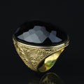Gold Engraved Large Emerald Ring , Men Hand- Engraved Ring, Vintage Ottoman Ring, Men Green Stone Ring, 925k Sterling Silver Ring