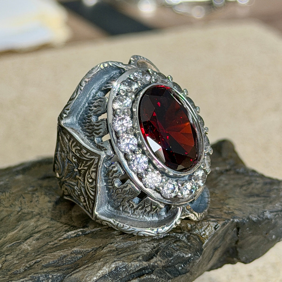 925 Sterling Silver Ruby Gemstone Ottoman Style Engraved Ring