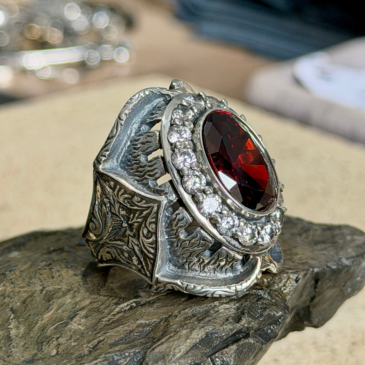 925 Sterling Silver Ruby Gemstone Ottoman Style Engraved Ring
