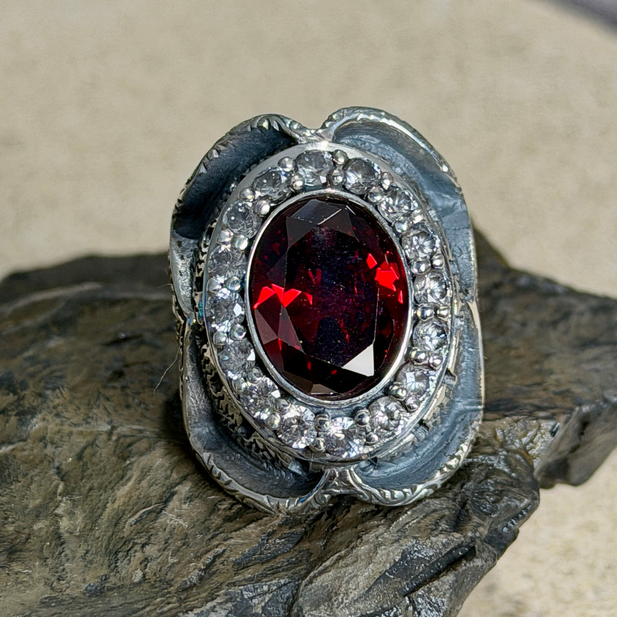 925 Sterling Silver Ruby Gemstone Ottoman Style Engraved Ring
