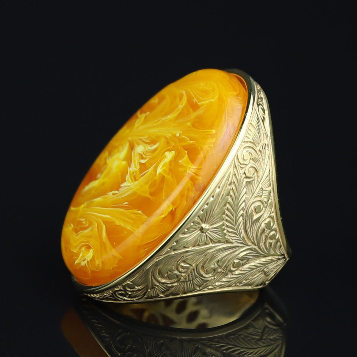 Man Silver Amber Stone Ring , Large Baltic Amber Ring , Turkish Silver Ring , Ottoman Style Embroidered Men's Ring