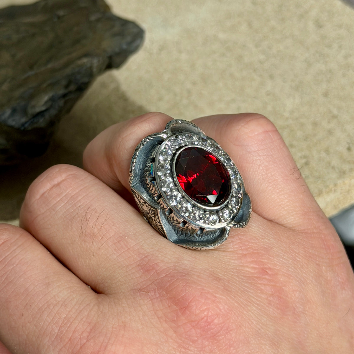 925 Sterling Silver Ruby Gemstone Ottoman Style Engraved Ring