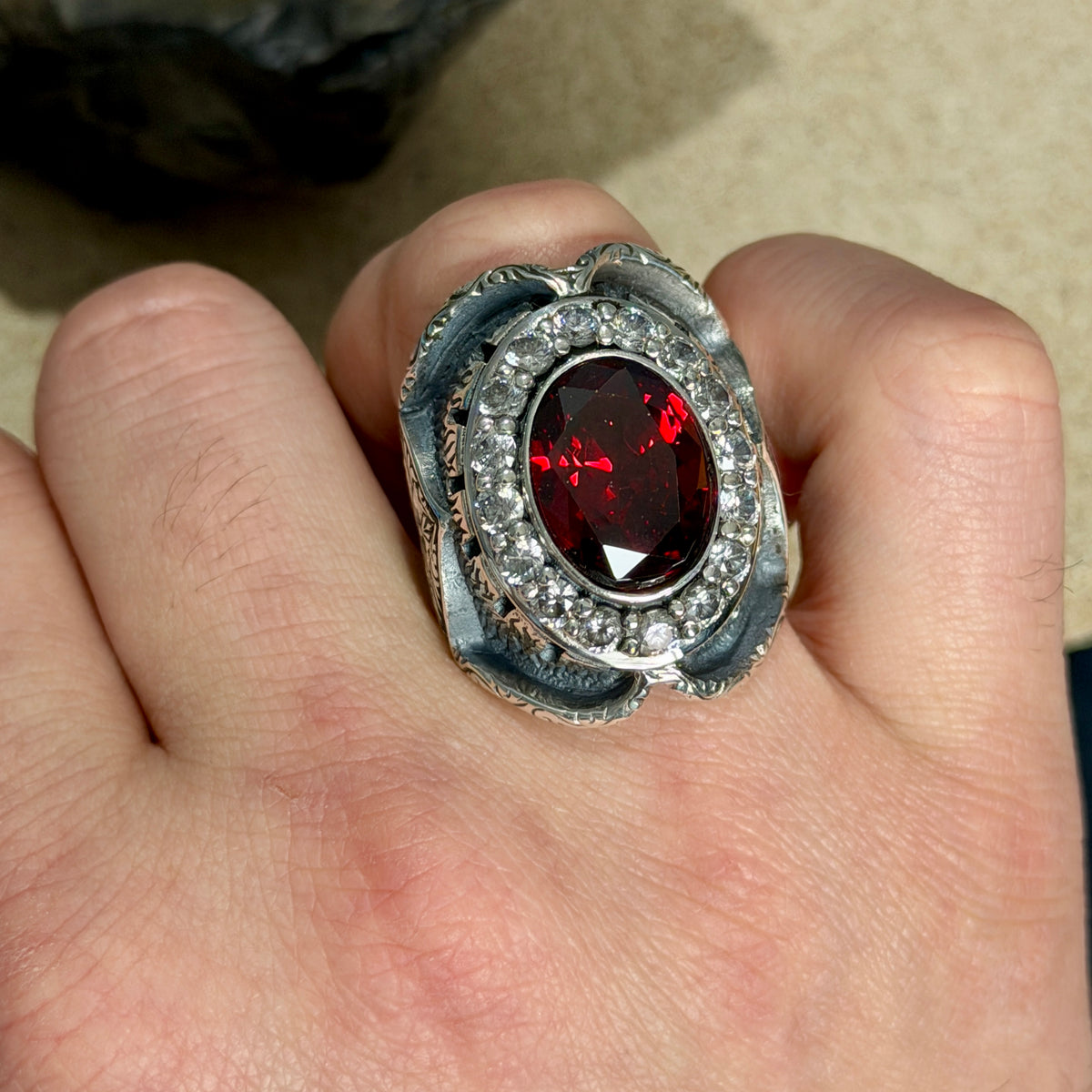925 Sterling Silver Ruby Gemstone Ottoman Style Engraved Ring