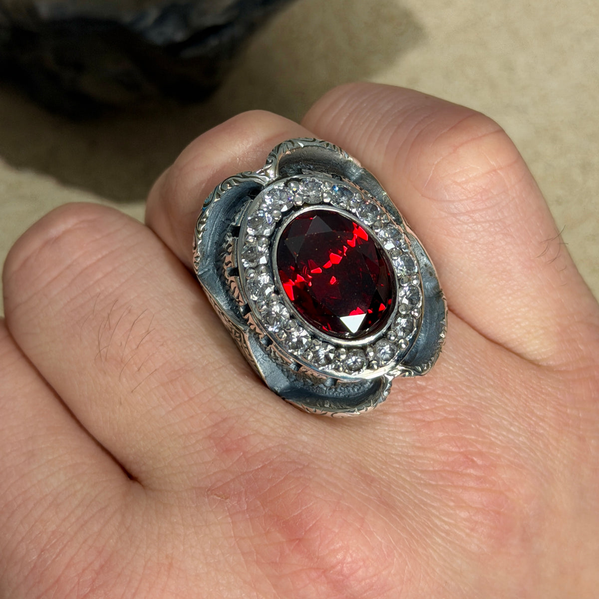 925 Sterling Silver Ruby Gemstone Ottoman Style Engraved Ring