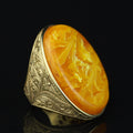 Man Silver Amber Stone Ring , Large Baltic Amber Ring , Turkish Silver Ring , Ottoman Style Embroidered Men's Ring