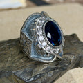 925 Sterling Silver Sapphire And Moissanite Gemstone Engraved Ring