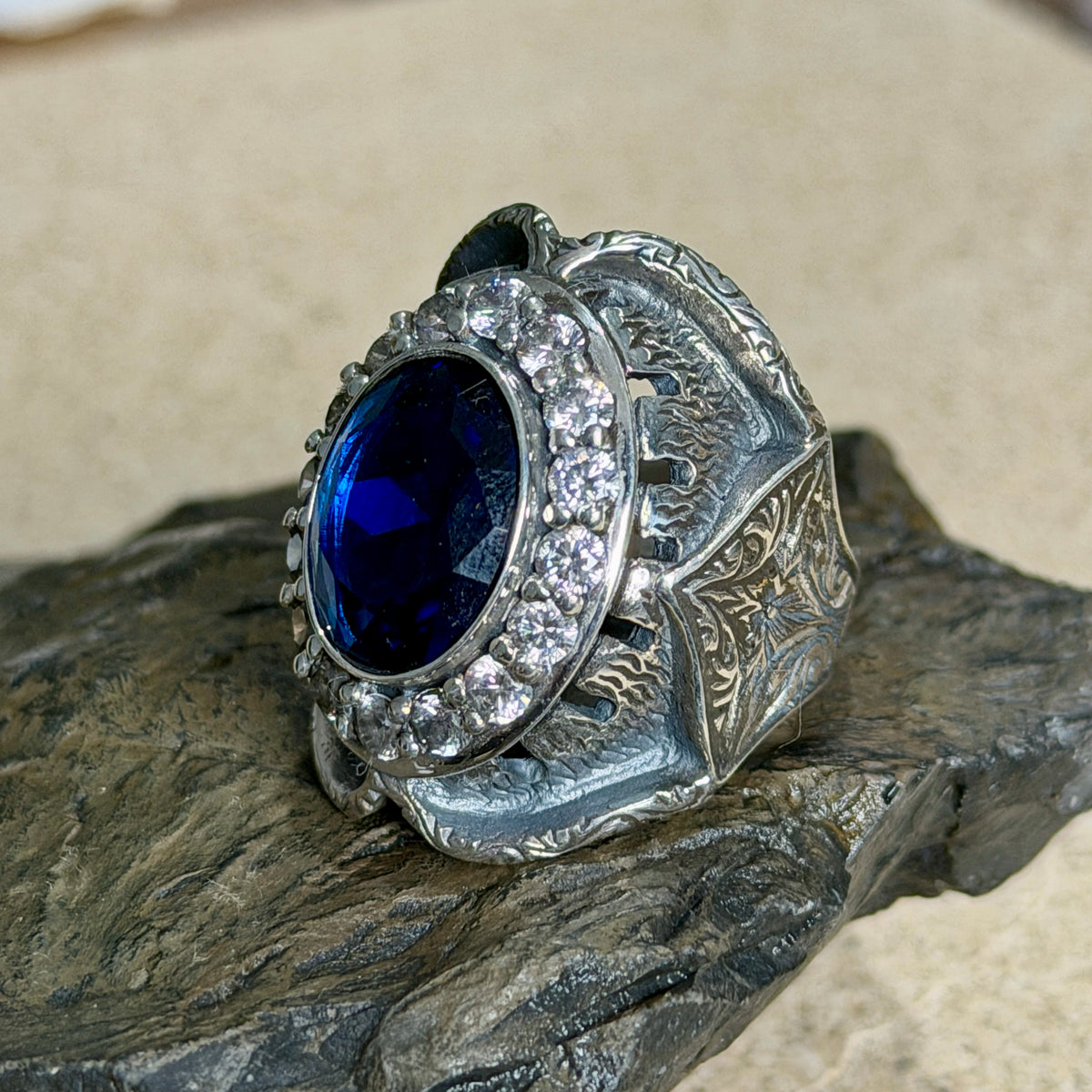 925 Sterling Silver Sapphire And Moissanite Gemstone Engraved Ring
