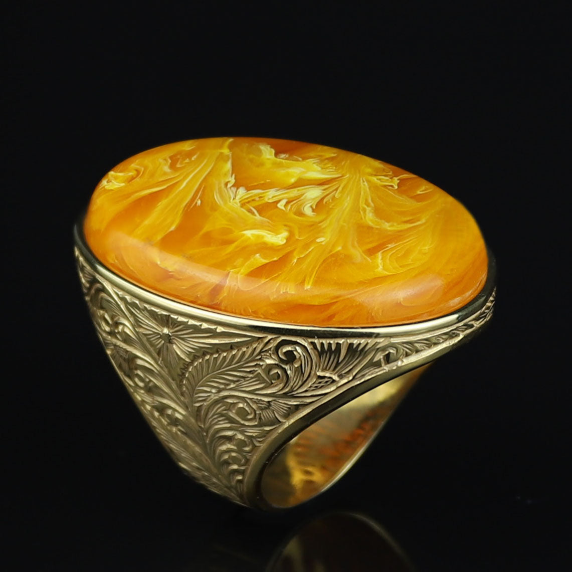 Man Silver Amber Stone Ring , Large Baltic Amber Ring , Turkish Silver Ring , Ottoman Style Embroidered Men's Ring