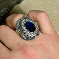 925 Sterling Silver Sapphire And Moissanite Gemstone Engraved Ring