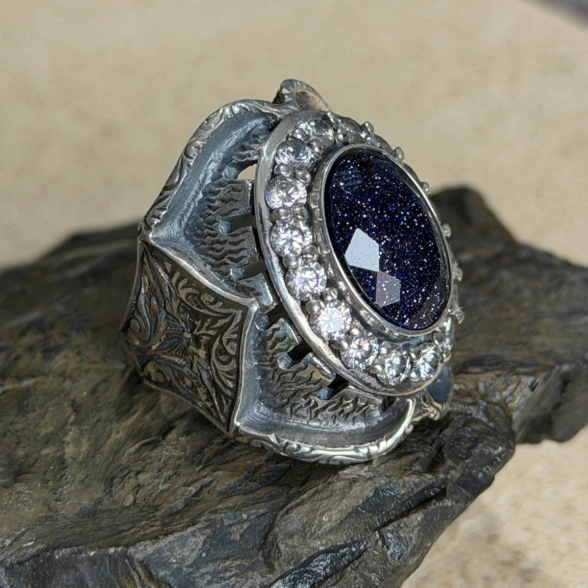 925 Sterling Silver Star Stone Hand-Engraved Ottoman Style Ring