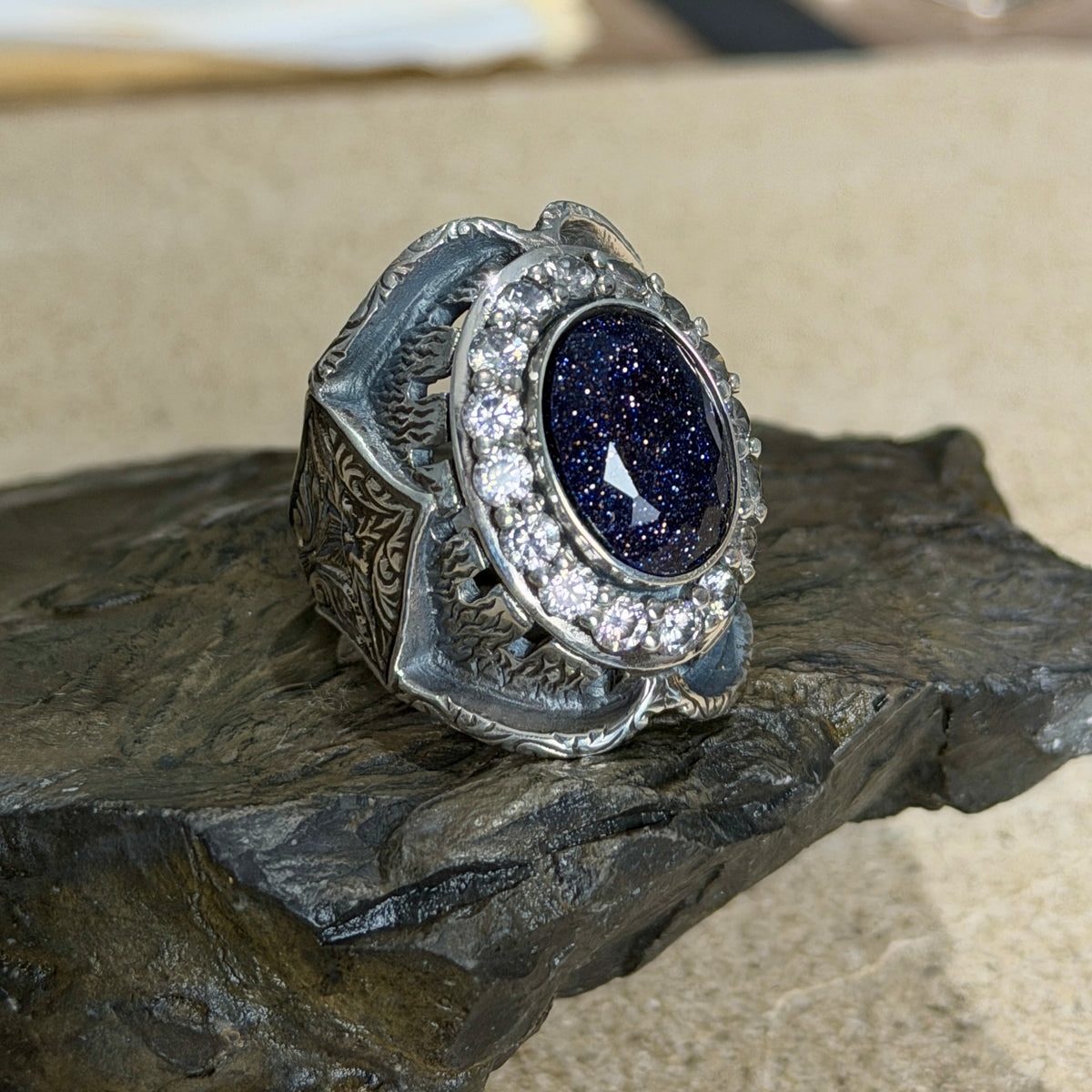 925 Sterling Silver Star Stone Hand-Engraved Ottoman Style Ring