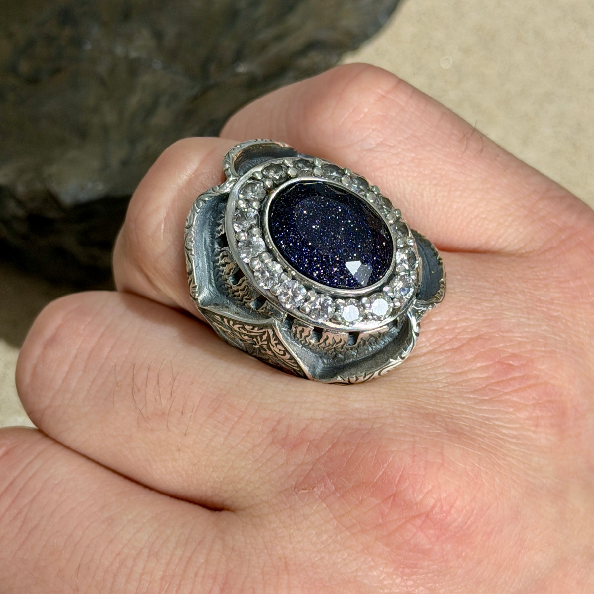 925 Sterling Silver Star Stone Hand-Engraved Ottoman Style Ring
