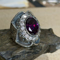 925 Sterling Silver Moissanite And Amethyst Gemstone Hand-Engraved Ring