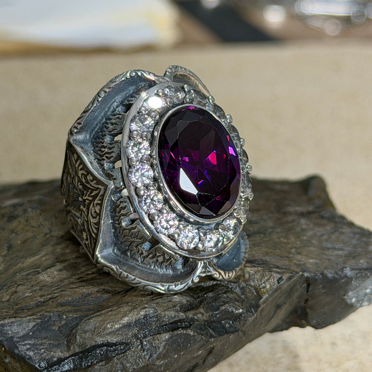925 Sterling Silver Moissanite And Amethyst Gemstone Hand-Engraved Ring