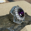 925 Sterling Silver Moissanite And Amethyst Gemstone Hand-Engraved Ring