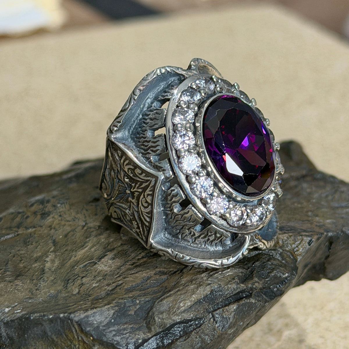 925 Sterling Silver Moissanite And Amethyst Gemstone Hand-Engraved Ring