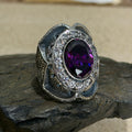 925 Sterling Silver Moissanite And Amethyst Gemstone Hand-Engraved Ring