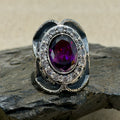 925 Sterling Silver Moissanite And Amethyst Gemstone Hand-Engraved Ring