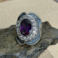 925 Sterling Silver Moissanite And Amethyst Gemstone Hand-Engraved Ring