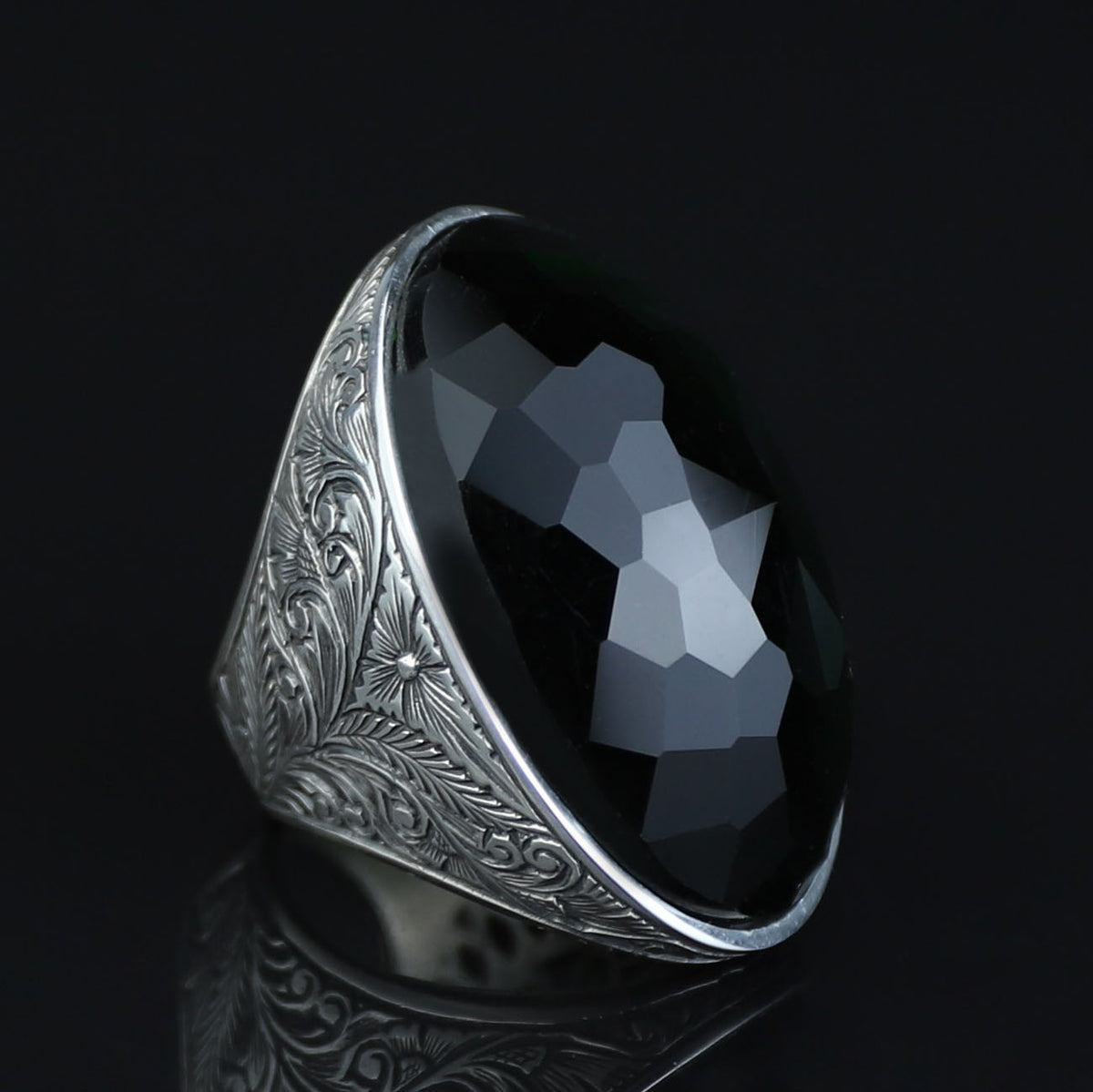 Mens Silver Large Green Stone Ring, Big Large Emerald Stone Ring, Ottoman Style Men Ring, Gift for Him, 925k Sterling Silver
