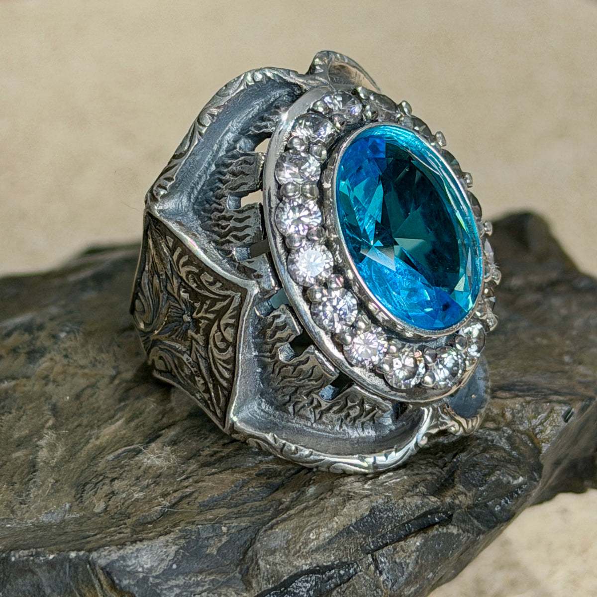 925 Sterling Silver Men Oval Aquamarine Gemstone Handmade Ring
