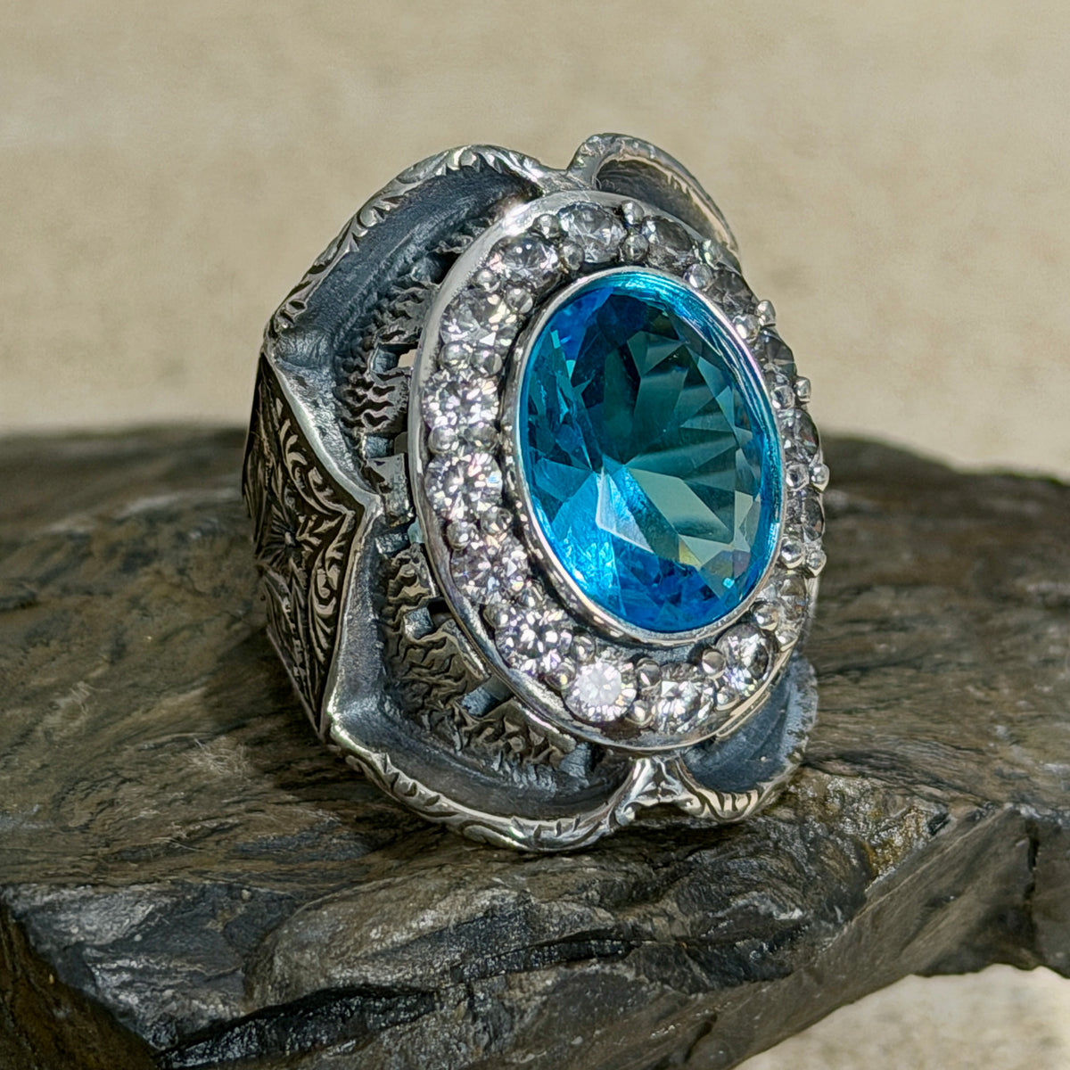 925 Sterling Silver Men Oval Aquamarine Gemstone Handmade Ring