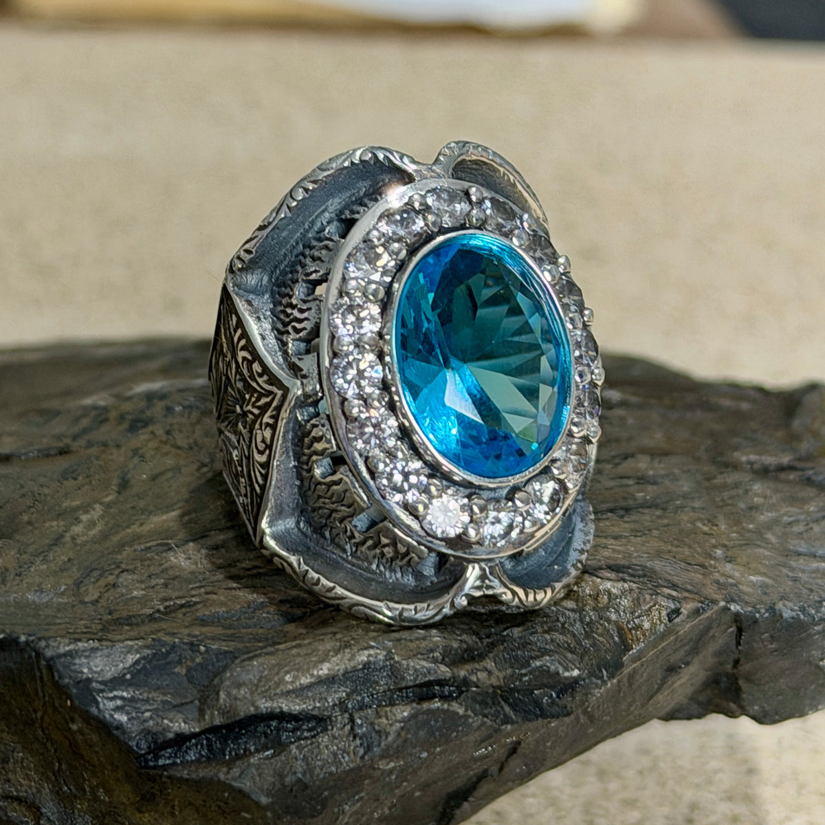 925 Sterling Silver Men Oval Aquamarine Gemstone Handmade Ring