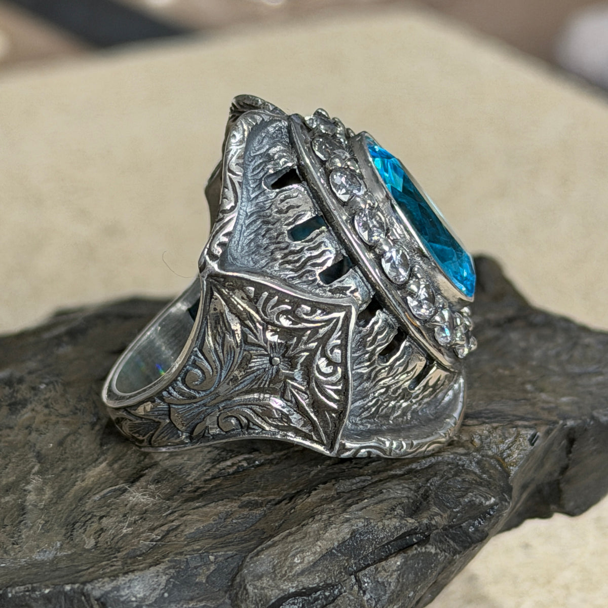 925 Sterling Silver Men Oval Aquamarine Gemstone Handmade Ring