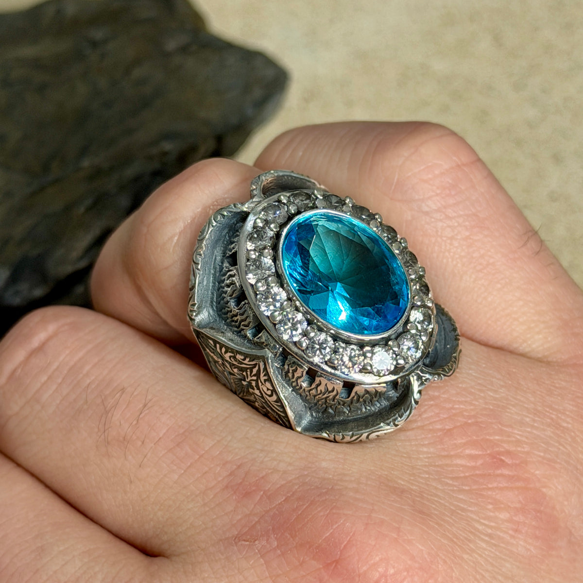 925 Sterling Silver Men Oval Aquamarine Gemstone Handmade Ring