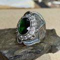 925 Silver Men Handmade Emerald Gemstone Engraved Signet Ring