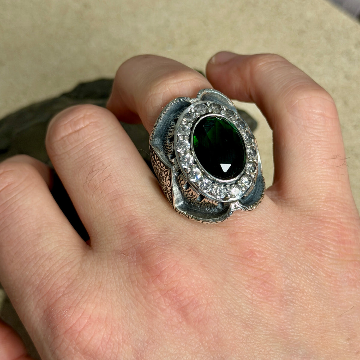 925 Silver Men Handmade Emerald Gemstone Engraved Signet Ring