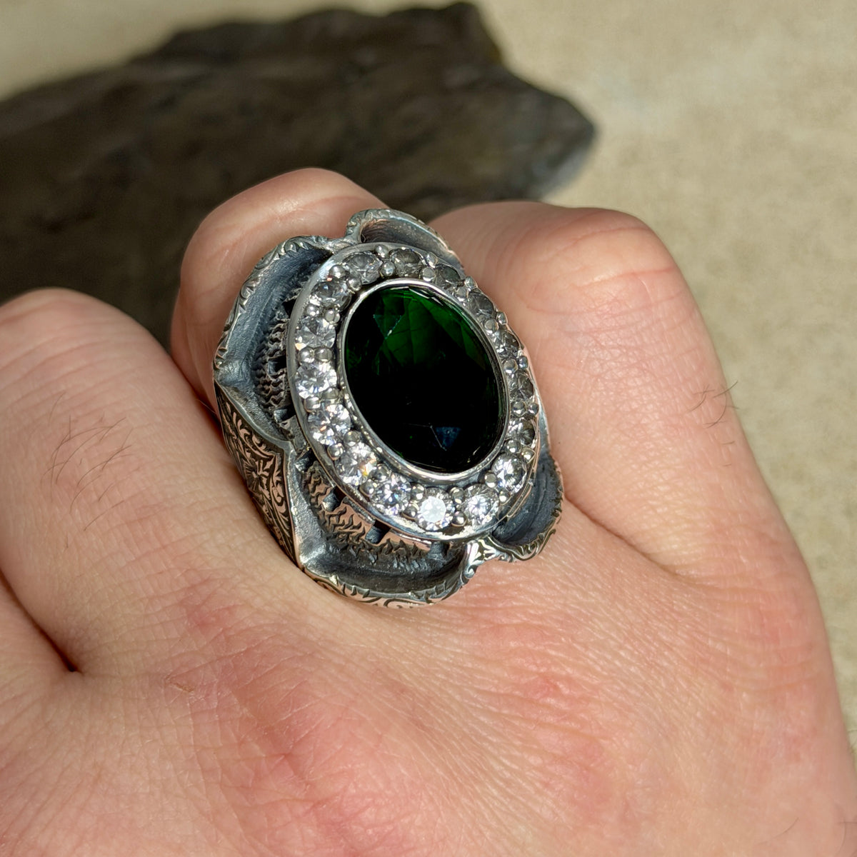 925 Silver Men Handmade Emerald Gemstone Engraved Signet Ring
