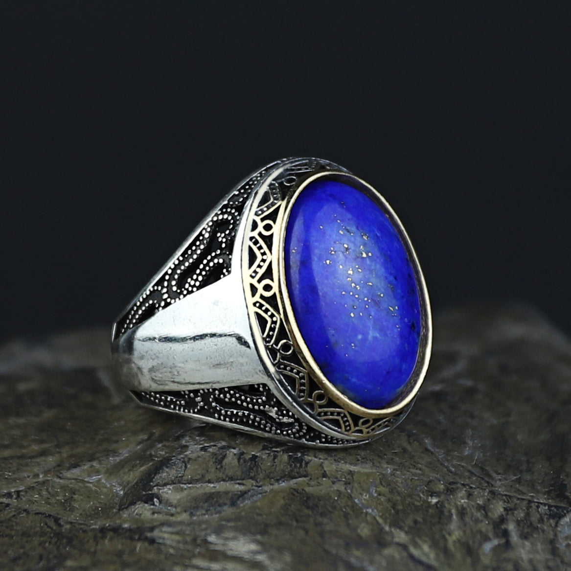 925 Solid Silver Men Oval Natural Lapis Lazuli Ottoman Style Ring