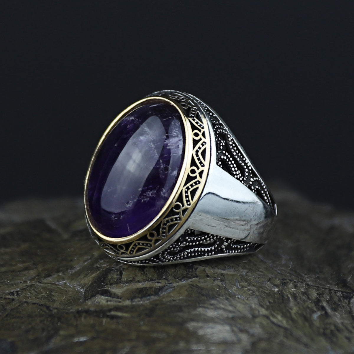 Men Handmade Oval Natural Amethyst Gemstone Handmade Ring