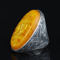 Silver Baltic Amber Ring , Handmade Unisex Large Amber Stone Ring , Turkish Silver Ring , Ottoman Style Embroidered Men's Ring