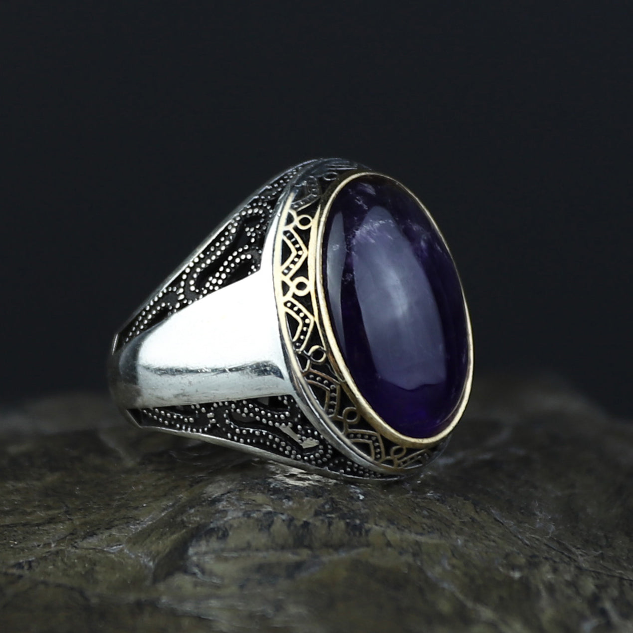 Men Handmade Oval Natural Amethyst Gemstone Handmade Ring
