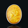 Silver Baltic Amber Ring , Handmade Unisex Large Amber Stone Ring , Turkish Silver Ring , Ottoman Style Embroidered Men's Ring