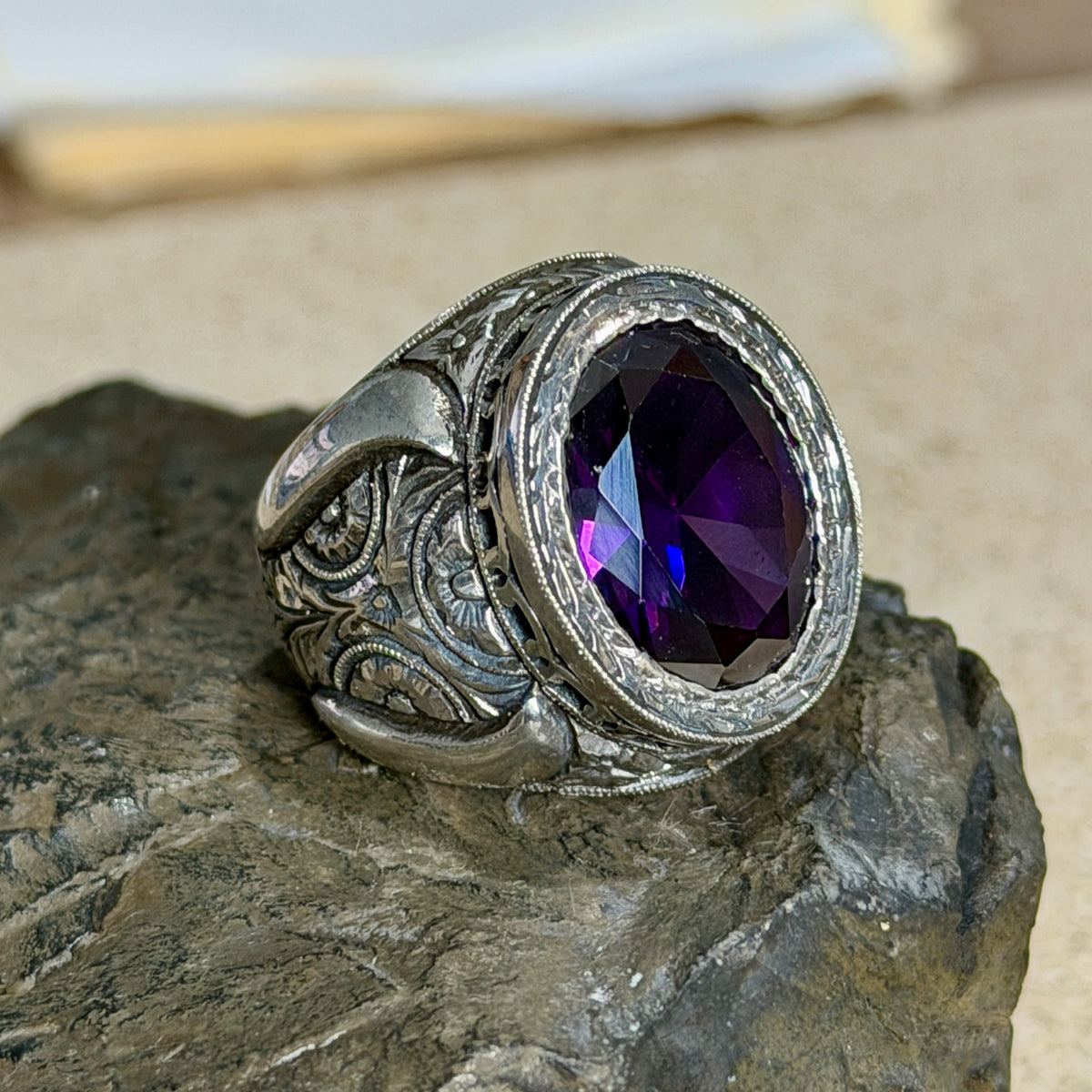 Men Handmade Engraved Amethyst Gemstone Turkish Style Ring
