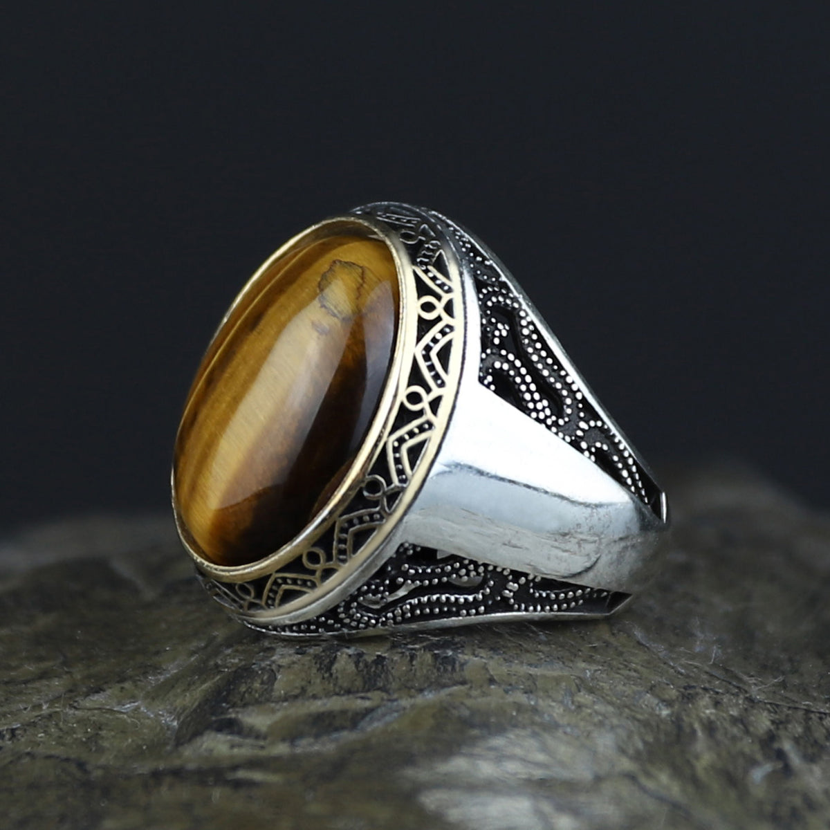 925 Sterling Silver Natural Tiger Gemstone Ottoman Style Ring