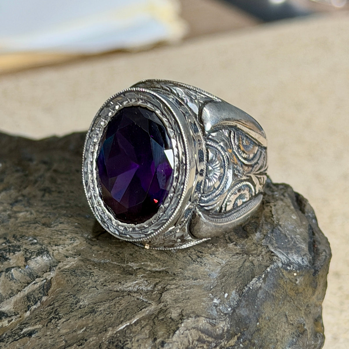 Men Handmade Engraved Amethyst Gemstone Turkish Style Ring