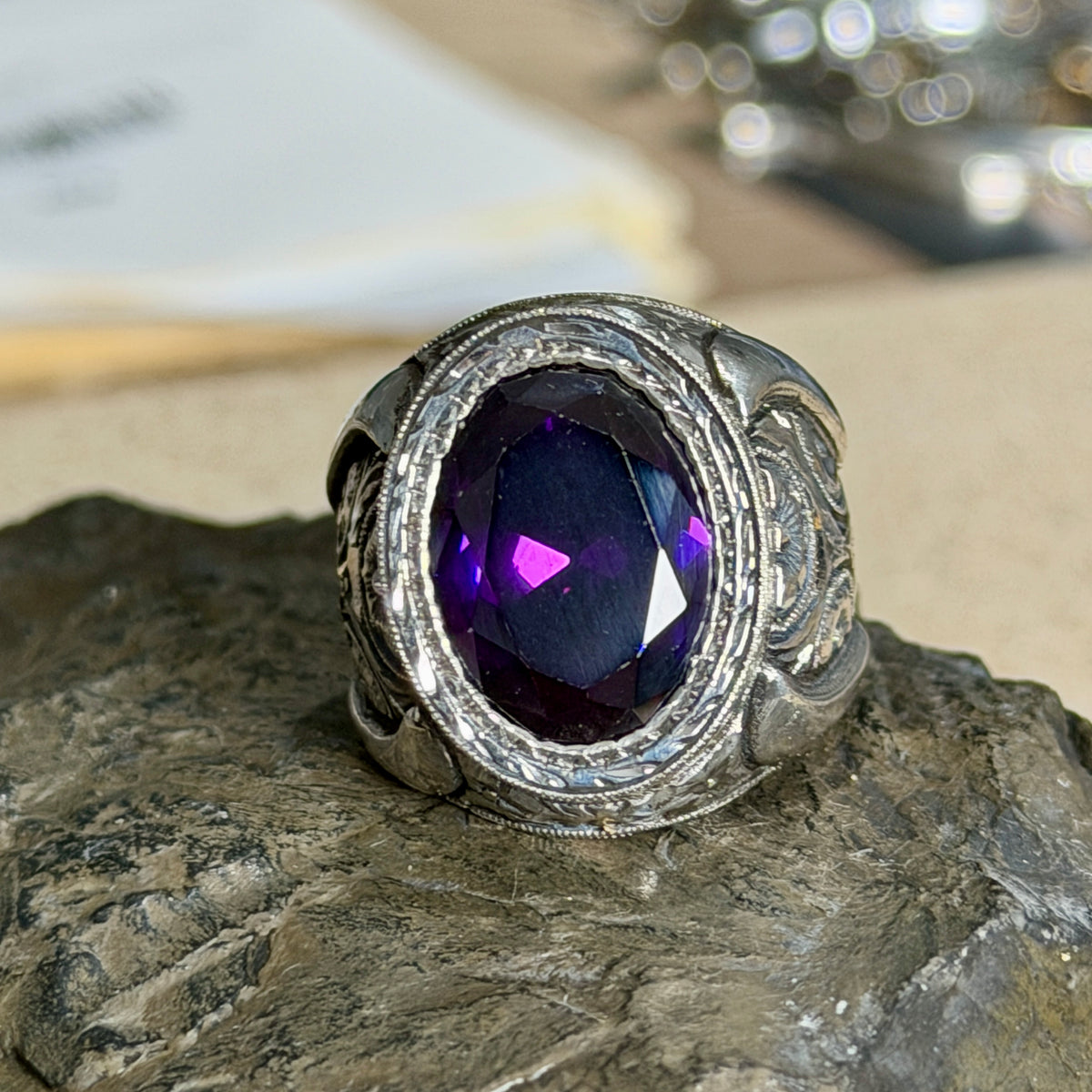 Men Handmade Engraved Amethyst Gemstone Turkish Style Ring