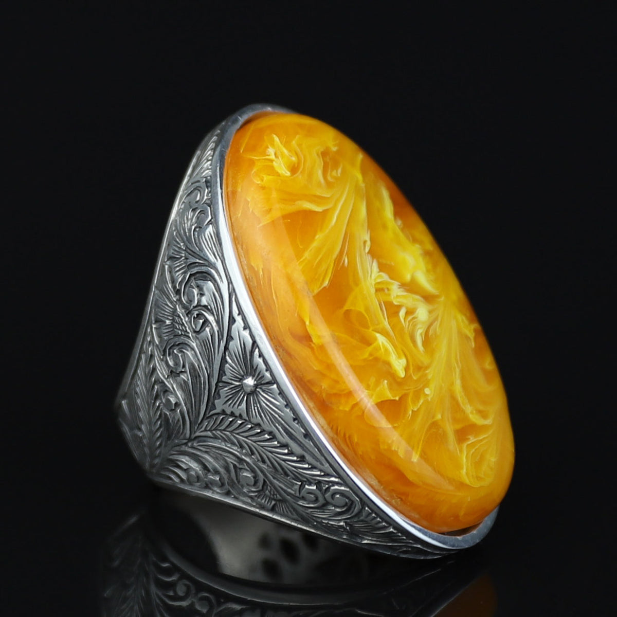Silver Baltic Amber Ring , Handmade Unisex Large Amber Stone Ring , Turkish Silver Ring , Ottoman Style Embroidered Men's Ring