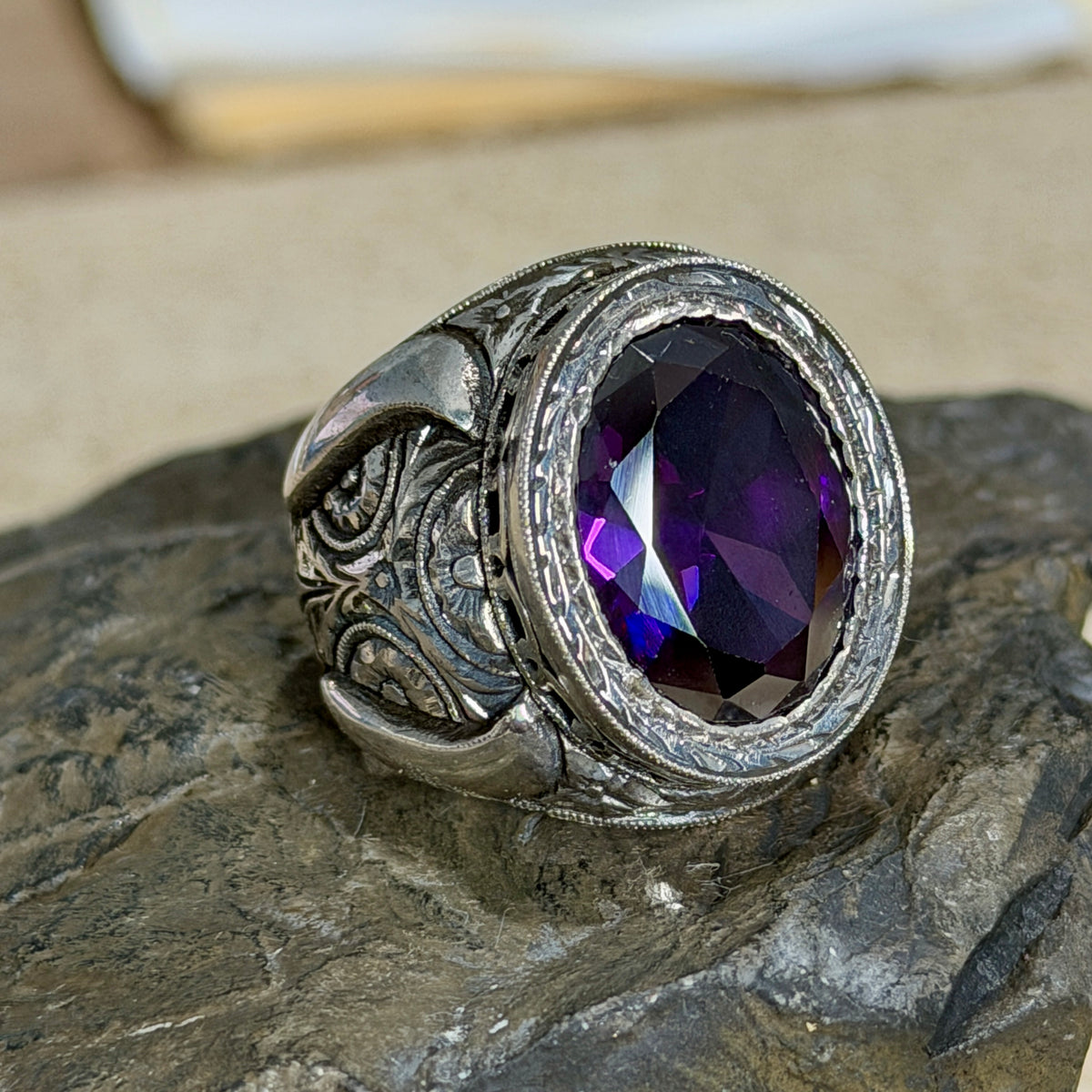 Men Handmade Engraved Amethyst Gemstone Turkish Style Ring
