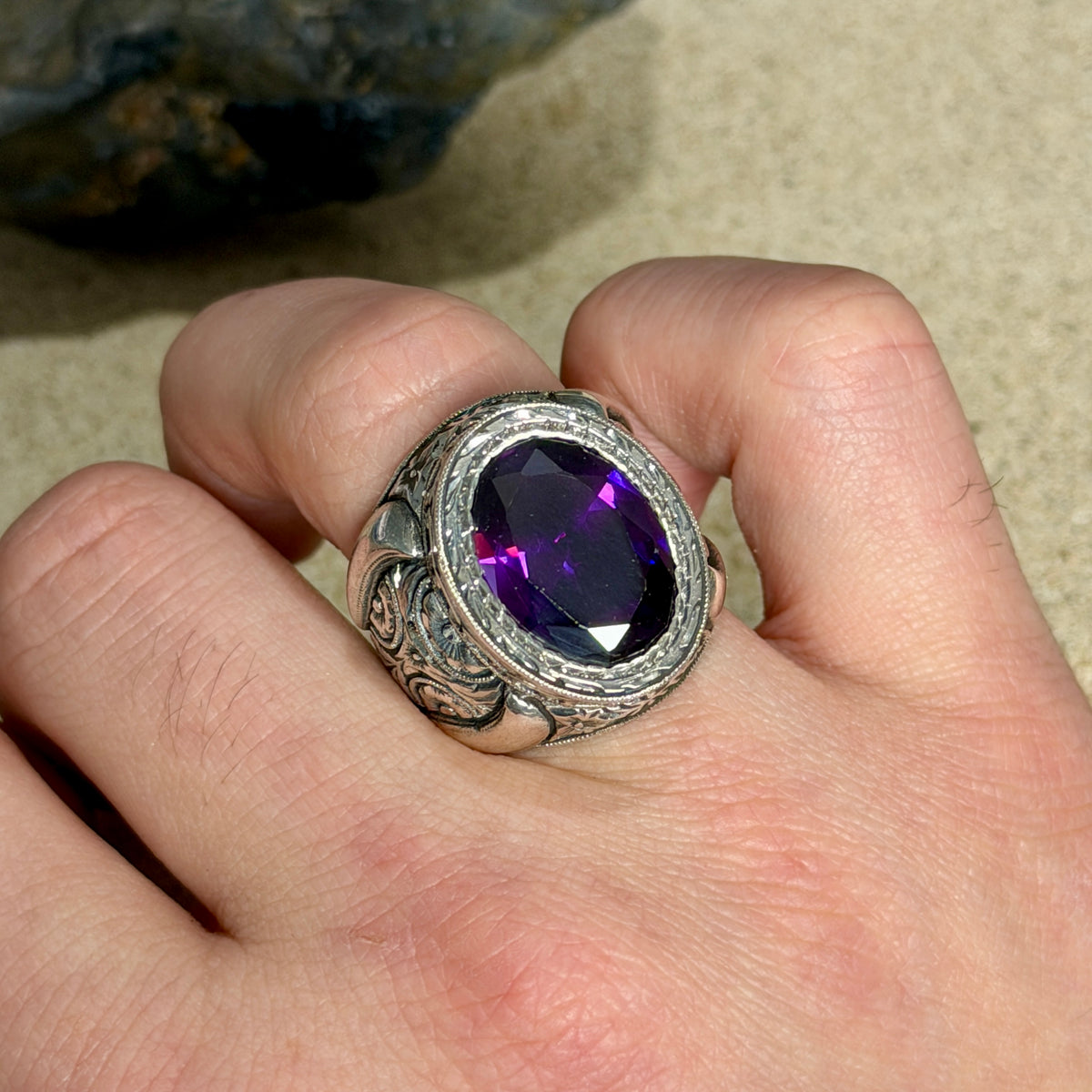 Men Handmade Engraved Amethyst Gemstone Turkish Style Ring