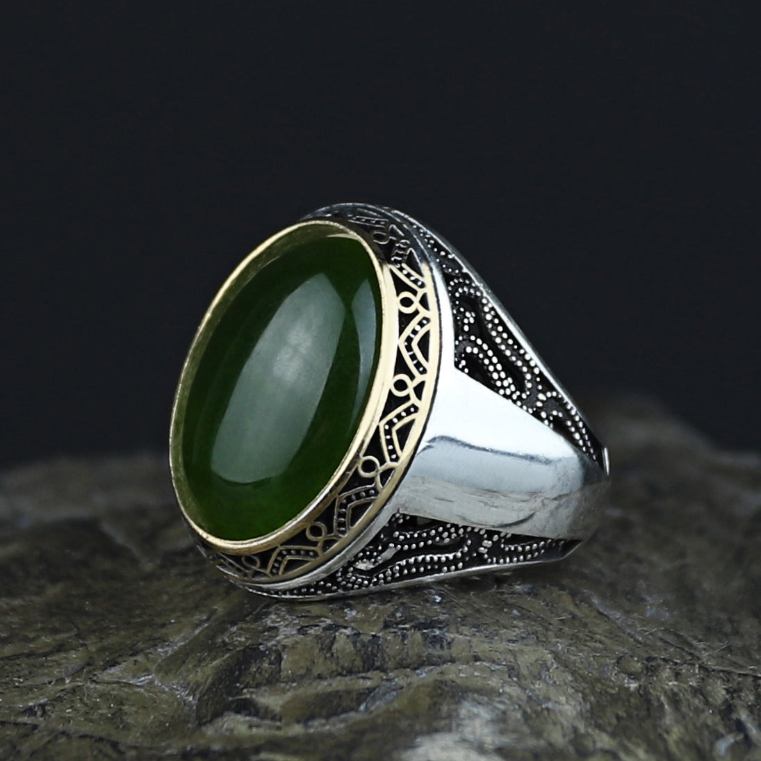 925 Silver Men Turkish Handmade Natural Canadian Green Jade Stone Ring