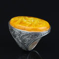 Silver Baltic Amber Ring , Handmade Unisex Large Amber Stone Ring , Turkish Silver Ring , Ottoman Style Embroidered Men's Ring